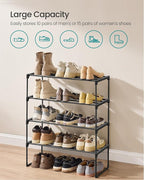 SONGMICS Shoe Rack, 4-Tier Shoe Organizer, Metal Storage Shelf, Upright or Upside Down, for 10-15 Pairs, Stackable, for Entry