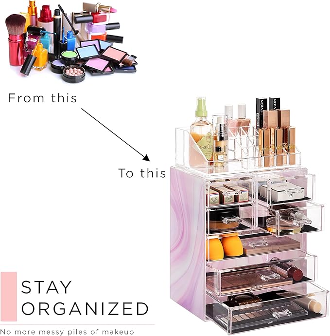 Sorbus Acrylic Makeup Organizer Set, 7-Drawer Vanity & Countertop Cosmetic Storage with Small & Wide Compartments, Tie Dye Ma