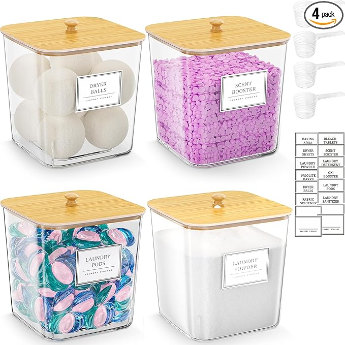 4 Pack Clear Laundry Pod Container, Laundry Room Organization Containers with Wooden Lids & Labels - Large Detergent Powder S