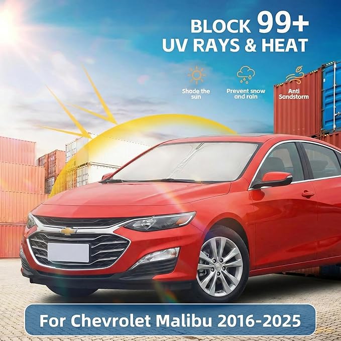 Windshield Sun Shade for Chevy Malibu 2016-2024 2025 Sunshade Front Window Shade Custom Fit Malibu Accessories Sun Visor Foldable Shade Blocks UV Rays Accessories