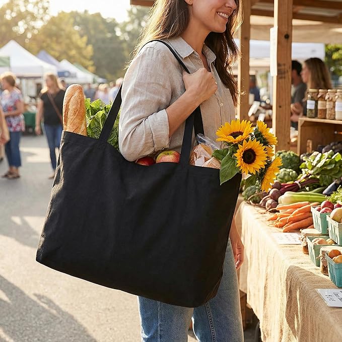 Extra Large Canvas Tote Bag - Big Reusable Grocery Shopping Heavy Duty Foldable