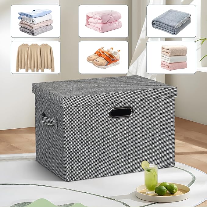 Graciadeco Large 17" 36 Quart Collapsible Stackable Storage Bins with Lids, 3 Packs Black and White Mix Linen Fabric Closet B