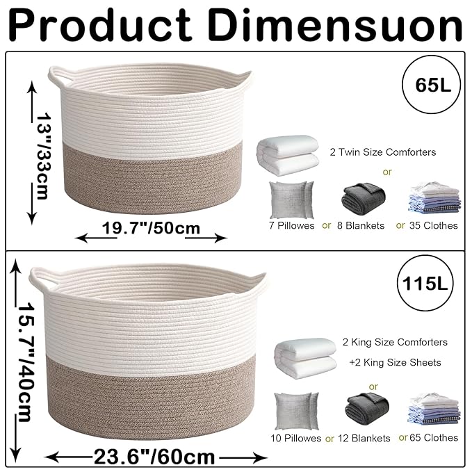 65L Large Woven Cotton Rope Blanket Basket with Handles, Laundry Hamper Storage Bin for Pillows, Clothes, Bedroom and Living 