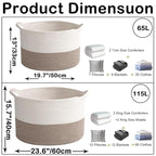 65L Large Woven Cotton Rope Blanket Basket with Handles, Laundry Hamper Storage Bin for Pillows, Clothes, Bedroom and Living 