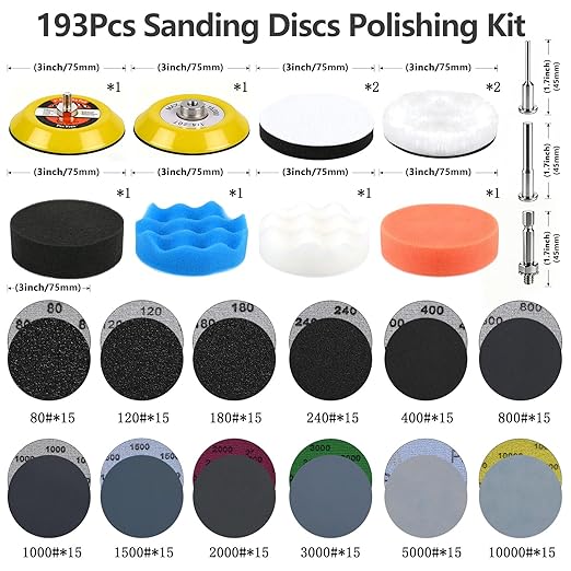 193Pcs 3 Inch Polishing Kit Hook and Loop Sanding Discs, Headlight Restoration Kit - 80 to 10000 Grits Wet Dry Sandpaper Buff