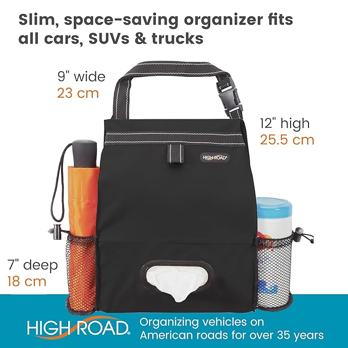 High Road Car Organizer with Car Trash Bin and Tissue Holder - Holds Full Size Tissue Box, Bottles and Wipe Containers - 2 Gal Leakproof Covered Trash Can with Push-Close Lid