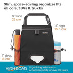 High Road Car Organizer with Car Trash Bin and Tissue Holder - Holds Full Size Tissue Box, Bottles and Wipe Containers - 2 Gal Leakproof Covered Trash Can with Push-Close Lid