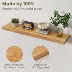 Fun Memories Solid Elm Wood Floating Shelves Set of 1-40 Inch Rustic Wall Shelves with Heavy-Duty Invisible Brackets - for Li