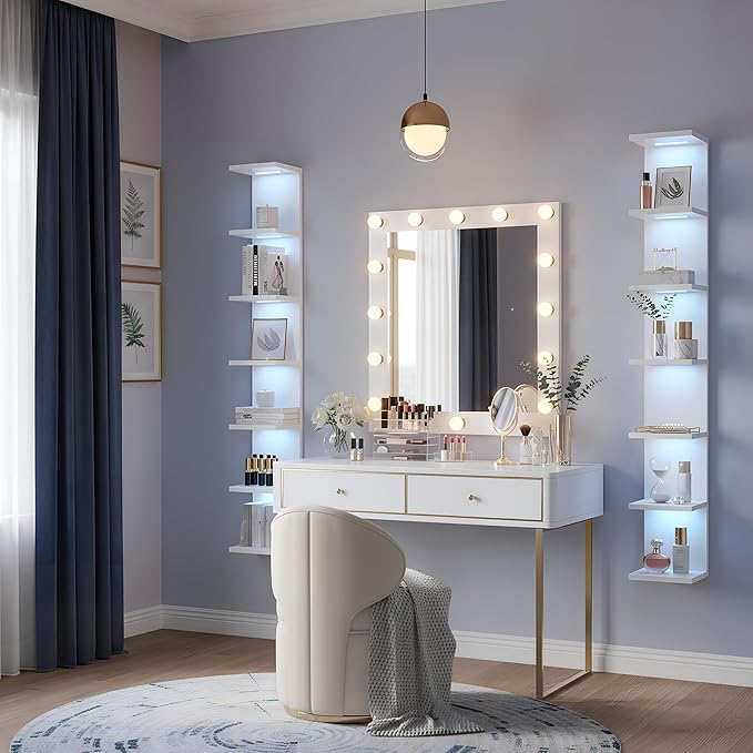 7 Tier Wall Shelf with Lights, White Lack Wall Shelf, Display Floating Shelves with Remote Control for Home Decor Bedroom Van
