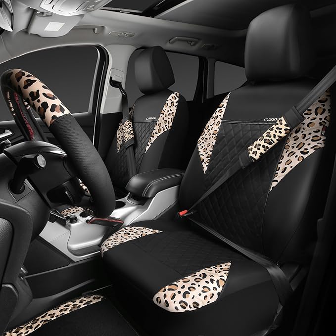 CAR PASS Leopard Print Faux Leather Car Seat Covers & Leopard Car Mats&Leopard Steering Wheel Cover Seat Belt Pad Universal C