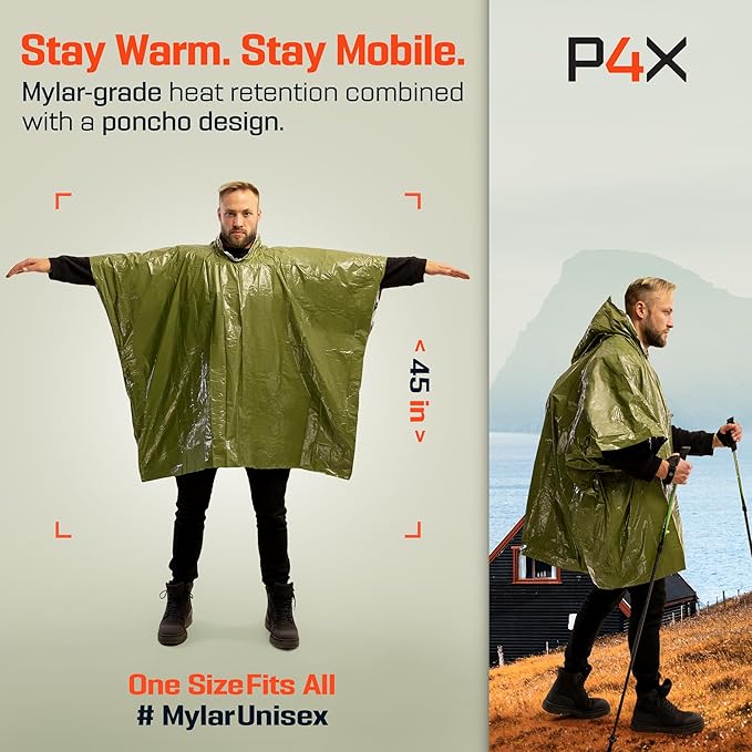 PREPARED4X Emergency Mylar Poncho – Survival Rain Poncho with Hood – Lightweight, Compact, Reusable Emergency Blanket Poncho 