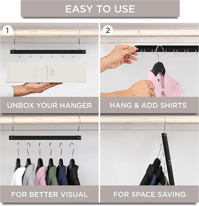 MORALVE Space Saving Hangers for Closet – 4 Pack European Beechwood 6-Tier Shirt Organizer with 360° Swivel Hook – Collapsibl