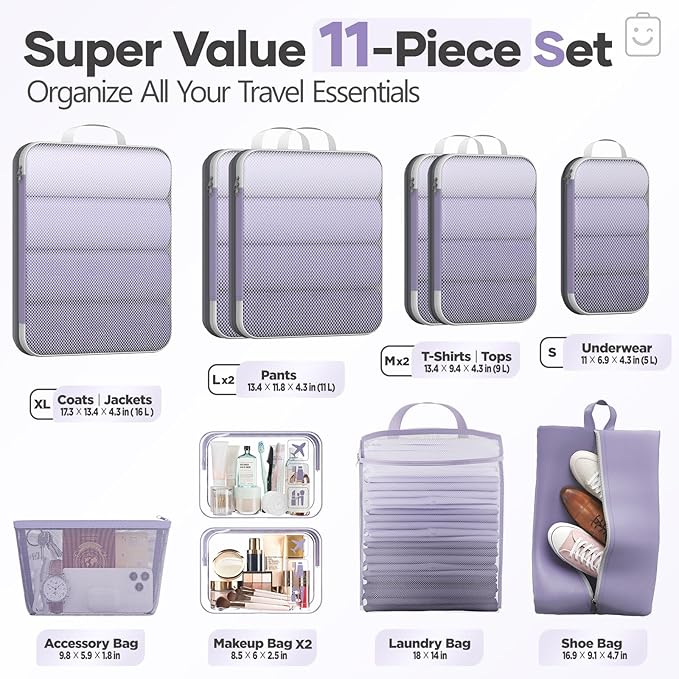 Veken 11 Set Compression Packing Cubes for Travel Essentials,Compressible Expandable Large Luggage Suitcase Organizer Bags fo