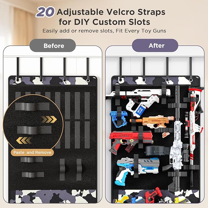 Over the Door Organizer for Toy Guns, Hanging Toy Guns Storage Organizer with Pockets and Slots for Kids Foam Blasters, Darts