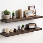 Fun Memories Solid Elm Wood Floating Shelves Set of 2-32 Inch Rustic Wall Shelves with Heavy-Duty Invisible Brackets - for Li