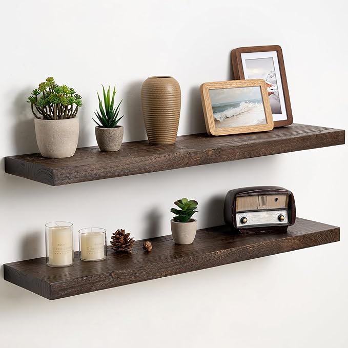 Fun Memories Solid Elm Wood Floating Shelves Set of 2-32 Inch Rustic Wall Shelves with Heavy-Duty Invisible Brackets - for Li
