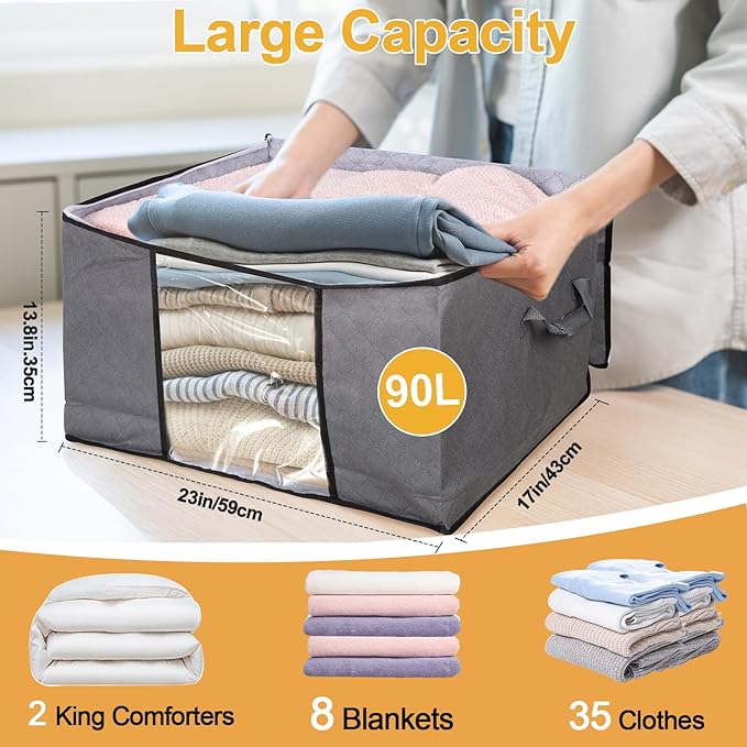 90L Large Blanket Storage Bags, 8 Pack Clothes Storage Bag Comforter Storage Bin with Reinforced Handle and Lid Foldable Clos
