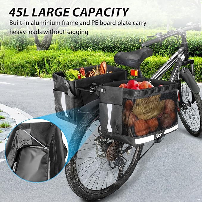 RAYMACE 2Pack Bike Grocery Panniers for Bicycles and Ebikes,Bike Rack Bags with Reflective Spots and Side Pockets,Folding Bike Basket Fits for Most Rear Racks (Black)