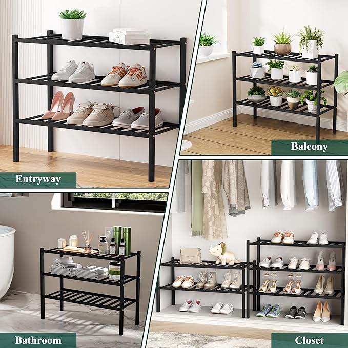 Smiry Shoe Rack, 3 Tier Long Bamboo Shoe Organizer, Stackable Free Standing Wooden Shoe Storage Shelf for Closet, Entryway, F