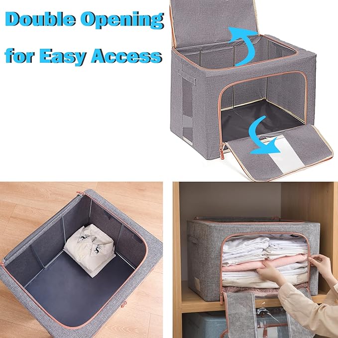 100L Large Storage Bags,Linen Stackable Clothes Storage Bins with Hold Shape Metal Frame,2 Opening Ways Fabric Visible Lidded