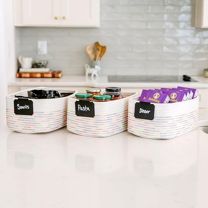 NaturalCozy 13.5”x8.5”x5.5” Rectangle Storage Baskets for Shelves 3 Pack | Cotton Rope Woven Small Baskets for Organizing | S