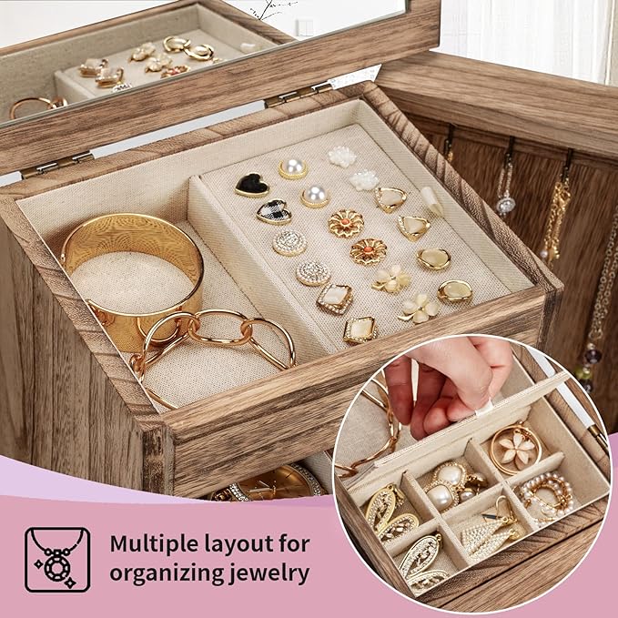 Jewelry Box for Women, Rustic Wooden Jewelry Boxes & Organizers with Mirror & Drawers,6 Layer Jewelry Organizer Box for Rings