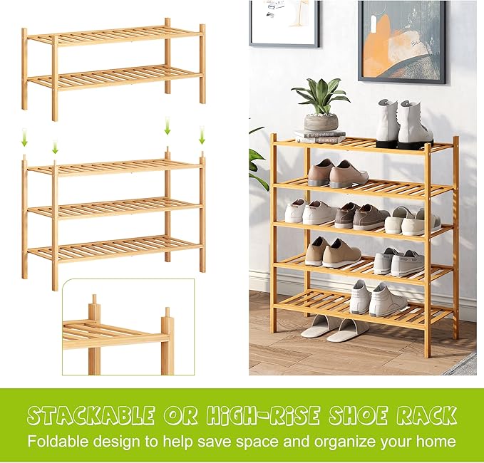 BMOSU 5-Tier Bamboo Shoe Rack Premium Stackable Shoe Shelf Storage Organizer for Hallway Closet Living Room Entryway Organize