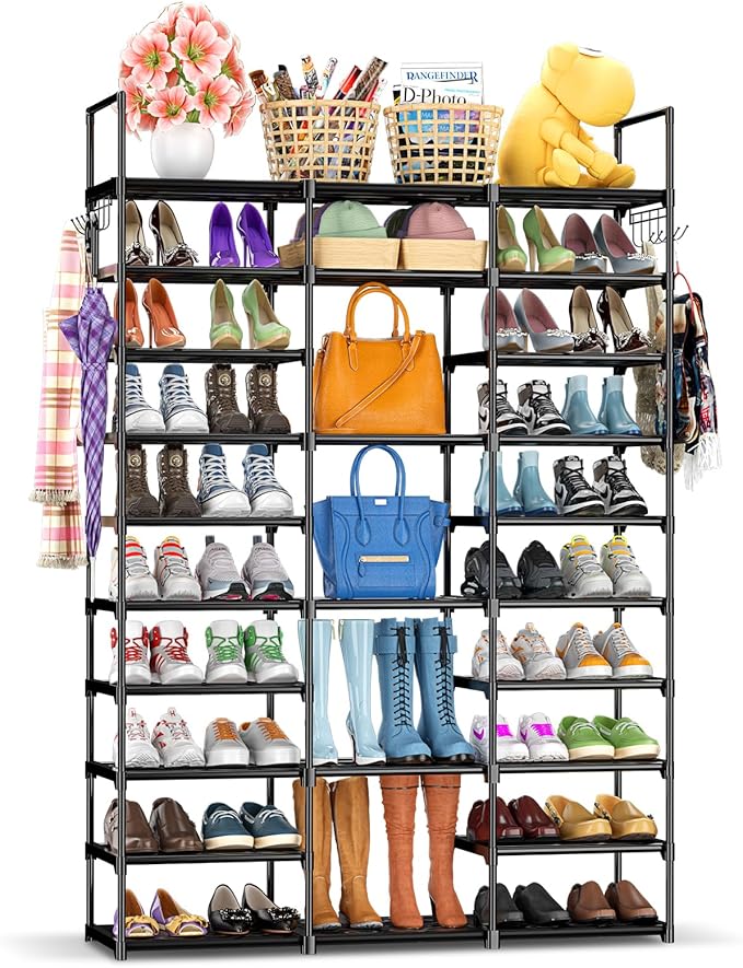 Kottwca 3 Row 10 Tier Large Shoe Rack Organizer for Closet Entryway, 60-65 Pair Shoe Boot Storage Rack, Metal Shoe Shelf Tall