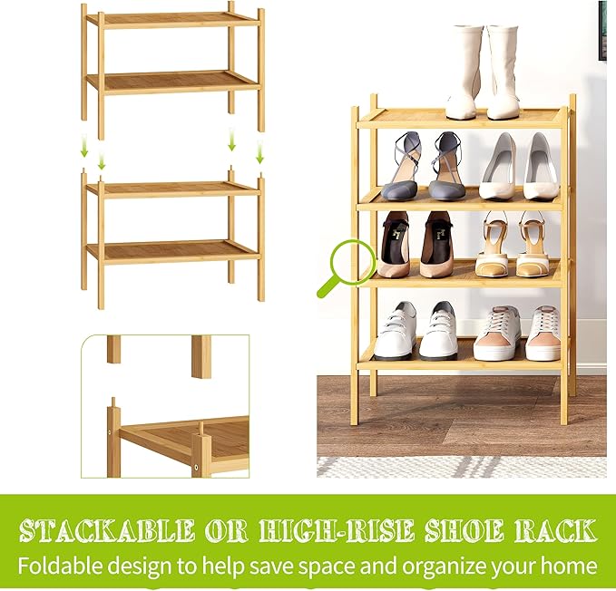 BMOSU 2-Tier Bamboo Small Shoe Rack Premium Stackable Shoe Shelf Storage Organizer for Hallway Closet Living Room Entryway Or