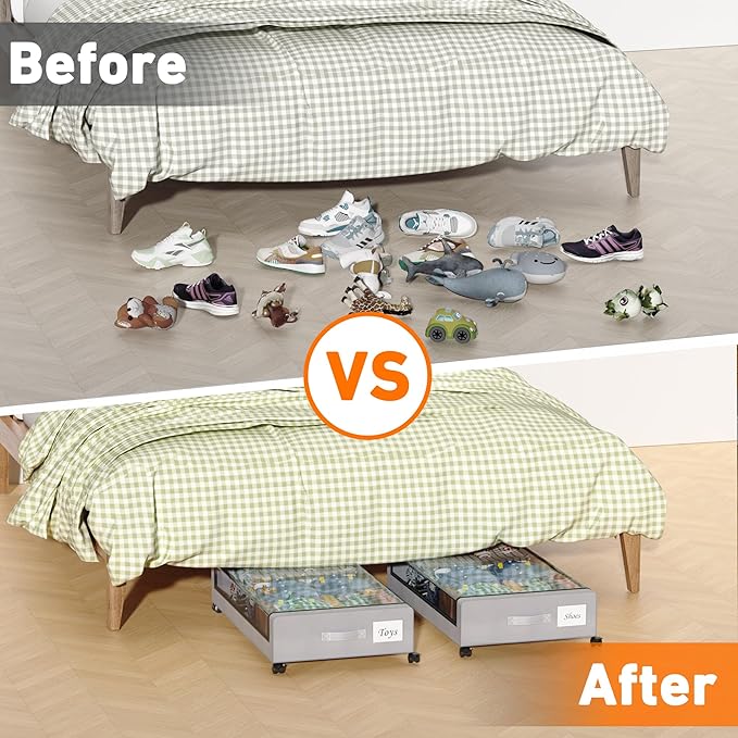 Under Bed Storage with Wheels, 2-Pack Under Bed Storage Containers with Clear Lids, XXL 60L Under the bed storage Organizer B