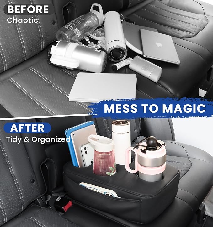 Back Seat Cup Holder for Car, PU Leather Couch Sofa Bed Boat Cup Holder Tray, Organizer for Trucks, Minivans, SUVs, RVs, Vehicles, Holds Drinks, Remote, Snacks, with Side Pockets