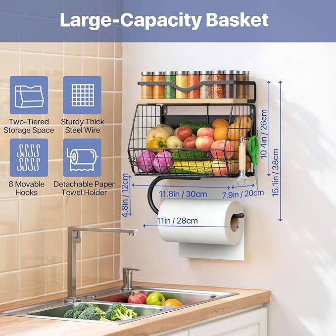 Housolution 2 Pack Wall Mounted Fruit Basket with Wood Lid, Hanging Kitchen Storage Basket for Fruit and Vegetable, Potato an