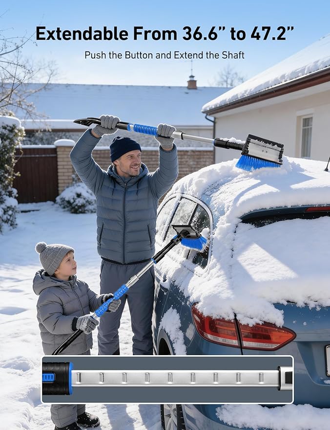 AstroAI 47.2" Ice Scrapers for Car Windshield, 3 in 1 Sturdy Snow Brush with Squeegee, 10 Adjustable Length Settings, Extendable Aluminum Handle, 180° Pivoting Snow Scraper for Car, Truck, SUV(Blue)