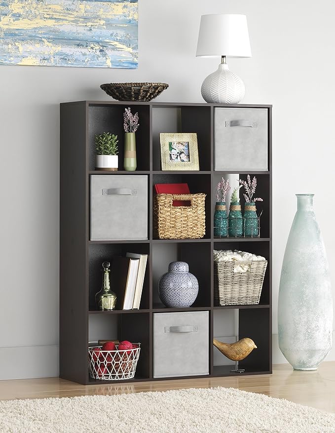 Whitmor 12 Cube Storage Organizer, 4 Tier Stackable Mdf Wood Bookcase, Open Storage Display Bookshelf, Storage Cabinet for Li
