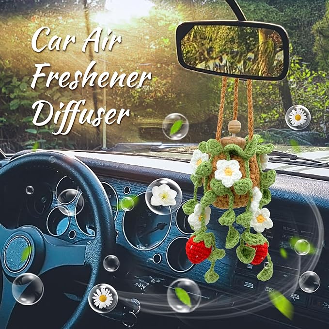 Crochet Car Air Freshener, 15ml Empty Refillable Oil Diffuser Bottle with Hanging Crochet Cute Plant for Car Rearview Mirror 