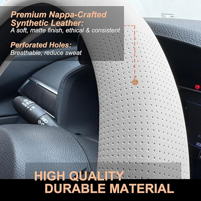 PINCTROT D Shaped Nappa Leather Steering Wheel Cover, Slim Fit No Bulk Design, One Piece Leather with Breathable Perforation,