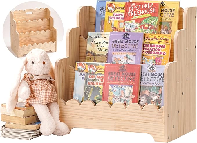 Kids Bookshelf Storage 3-Tier, Book Case for Kids Rooms, Scalloped Wooden Montessori Bookcase for Toddlers & Baby, Small Nurs