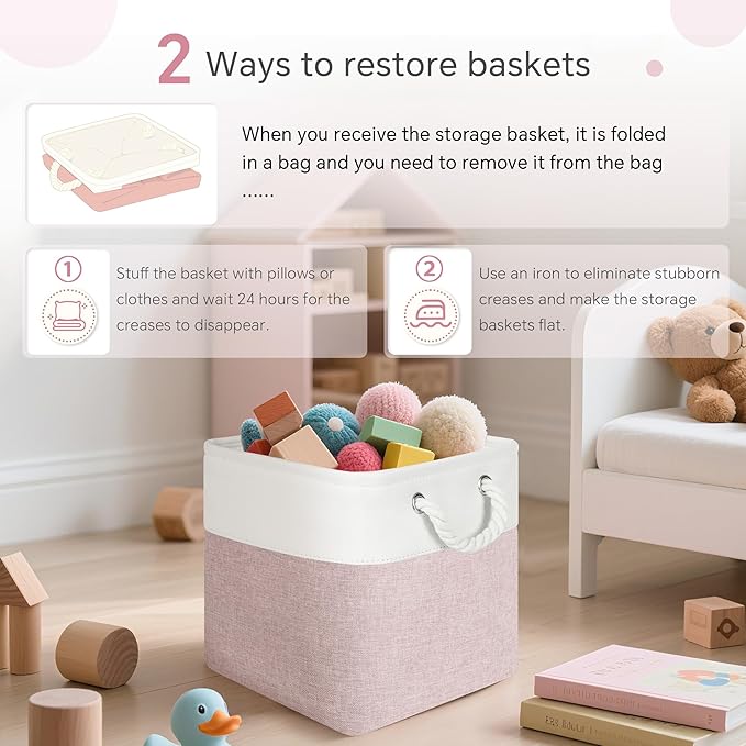 FinishingBo Cube Storage Bins, 6 Pack 11x11 inch with Cotton Handles for Closet, Shelves, Clothes, Towel (White/Pink)