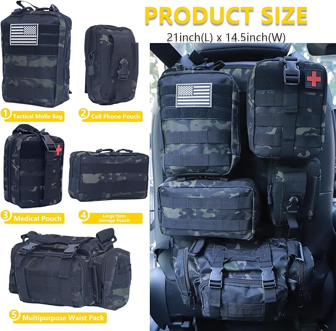 Universal Tactical Car Seat Back Organizer Bag Tactical Molle Vehicle Organizers Panel Vehicle Protector Organizers with 5 Detachable Pouches for Car (Black camo)
