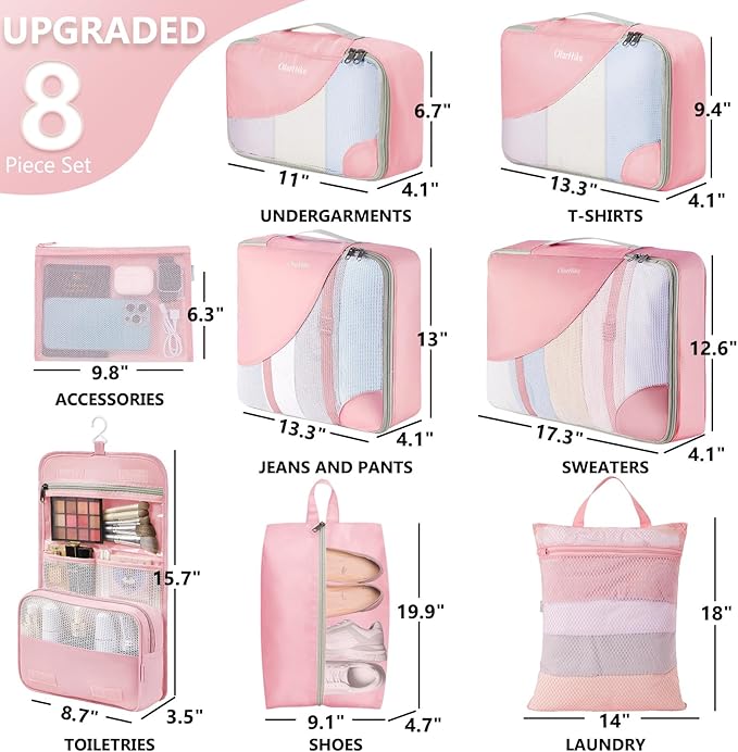8 Set Packing Cubes for Travel, Gifts for Women Mom,Anti-Tearing Suitcase Organizer for Luggage with Shoe & Hanging Toiletry 