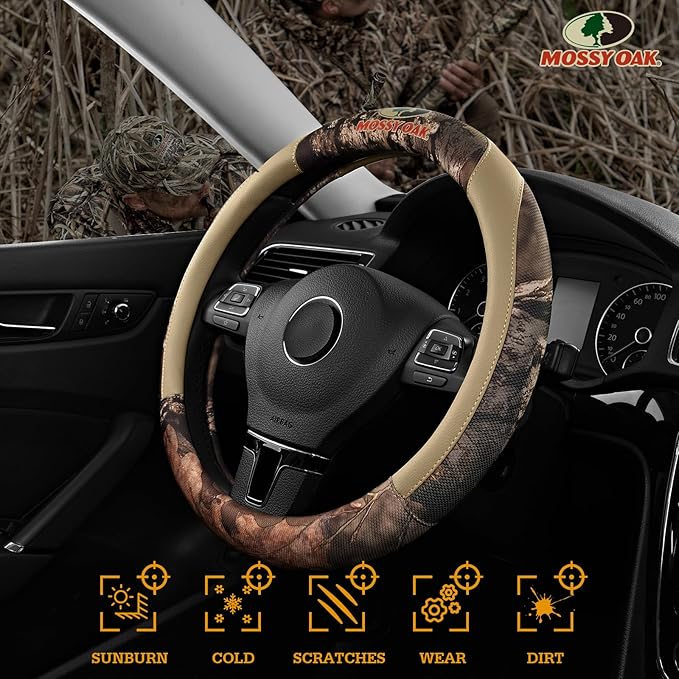 Mossy Oak Full Camo Steering Wheel Cover - Made from Premium Leather, Universal Fit for 14 1/2 to 15 inches - Official Licens