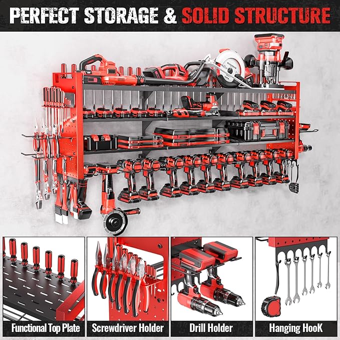 49.8" W Large Power Tool Organizer Wall Mount, Heavy Duty Tool Organizer with 14 cordless Drill Holder, 4 Layers Garage Organ