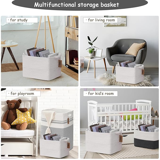 COMFY-HOMI 3PACK Cotton Rope Rectangular Storage Baskets for Living Room, Baby Room, Office (All White, 13.5" x 11" x 9.5")