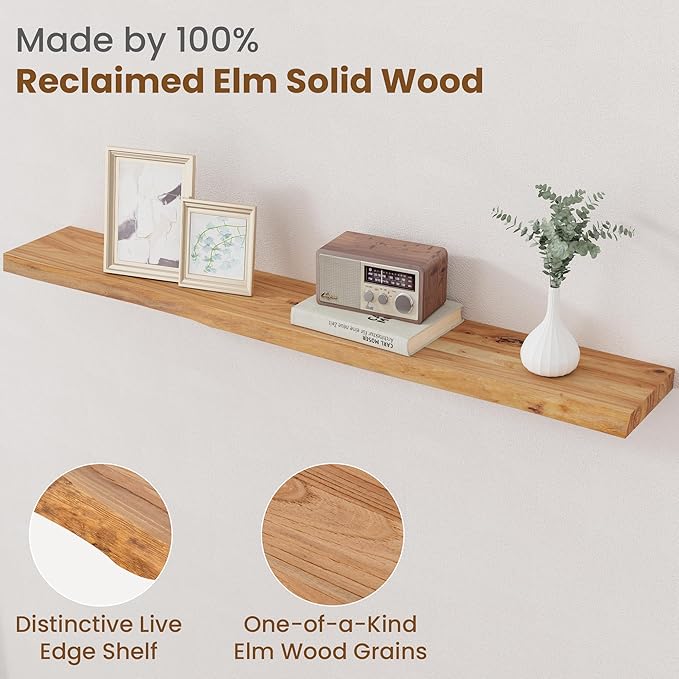 Floating Shelves for Wall Decor, Rustic Solid Elm Wood Live Edge Floating Shelves Wall Mounted, Wall Shelves with Invisible B