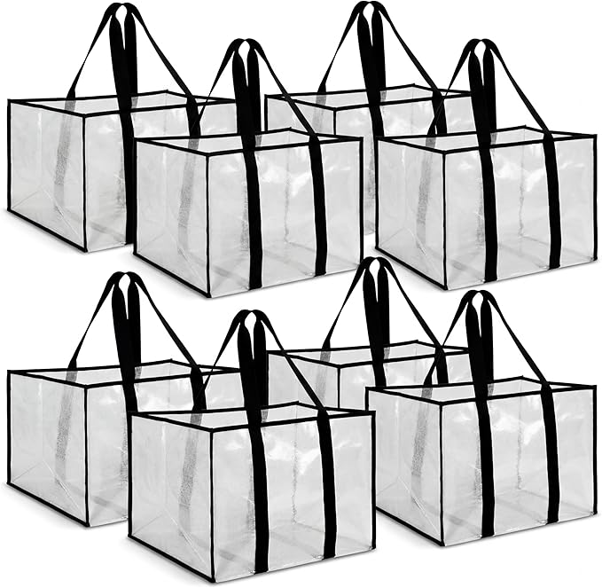 Paterr 8 Pack Reusable Grocery Bags, Heavy Duty Shopping Bags with Reinforced Bottom & Handles, Water Resistant Foldable Clear Storage for Groceries Market Car Trunk Multi-purpose, 14.6 x 10 x 10 in