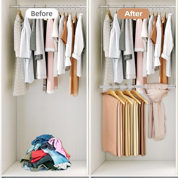 STORAGE MANIAC Hanging Closet Rod, Adjustable Width and Height Closet Hanging Organizer, Space-Saving Clothes Hanging Bar, Cl
