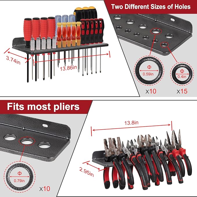 AHOWPD Screwdriver Organizer, Metal Plier Organizer Hammer Rack Screwdriver Holder Hand Tool Organizer and Storage Rack Wall 