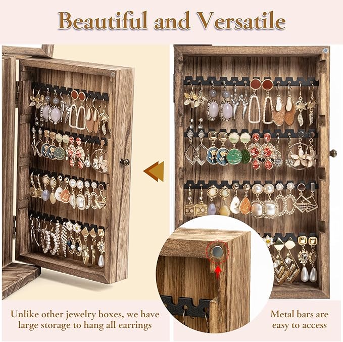 Emfogo Wooden Jewelry Box for Women, 6-Tier Large Jewelry Organizer Boxes with Mirror Rustic Solid Wood jewlery Storage Displ