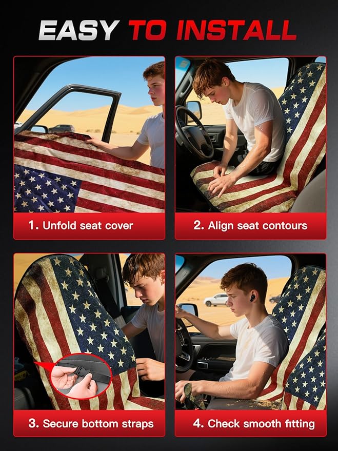 American Flag Car Seat Towel Protector (2-Pack), Waterproof Sweat-Proof Non-Slip Cover for SUV, Truck & Sedan, Patriotic Seat