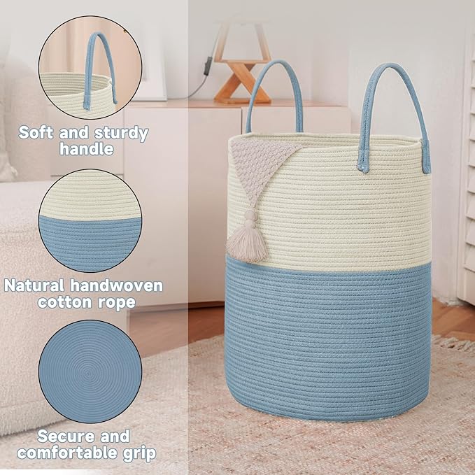 JMvicyroam Large Woven Laundry Basket Hamper,100L Cotton Rope Storage Bin for Blankets,Toys and Clothes,Decorative Tall Nurse